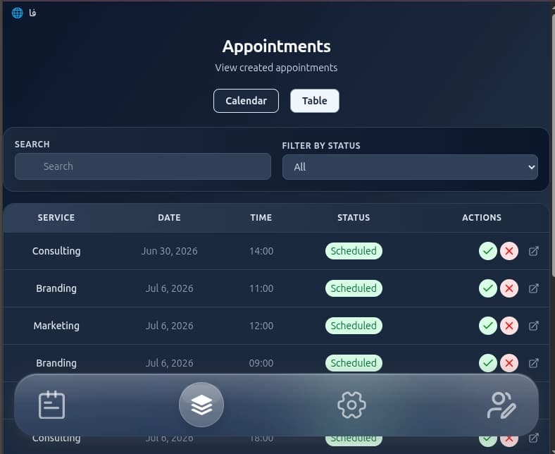 Screenshot of appointments in admin dashboard
